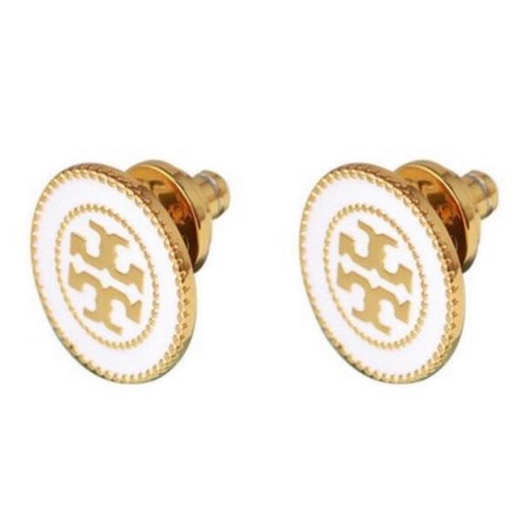 Tory Burch New White Double Circle Logo Stud Earrings w/ Gold-Toned Hardware